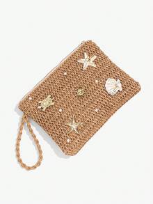 Viva Strut 1 chiếc ví cầm tay kiểu Bohemian phong cách nghỉ dưỡng, làm từ vỏ bắp ngô, trang trí hình sao biển đính đá, túi xách dự tiệc cho nữ, ví cầm tay dệt thủ công mùa xuân hè, trang trí hình sao biển, ngọc trai và vỏ sò, túi xách làm từ vỏ bắp ngô cho nữ. - Nhiều màu A - Xem 5