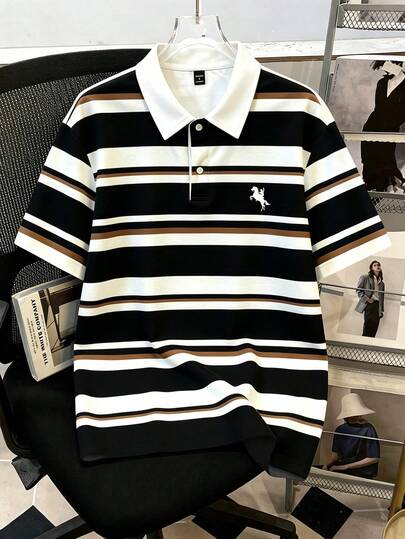 Manfinity Joysei 男士休闲条纹纽扣领 Polo 衫，适合春夏季节、上学、外出、世界杯等场合穿着。
