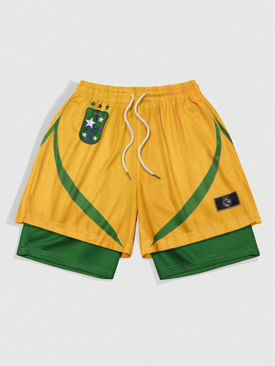 ROMWE MEN Street Life Men's Drawstring Waist 2026 World Cup Brazil Casual Double Layer Shorts - Multicolor - View 1