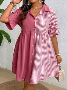 SHEIN Clasi Plus Size Solid Color Striped Patchwork Short Sleeve Shirt Dress - Red - View 1