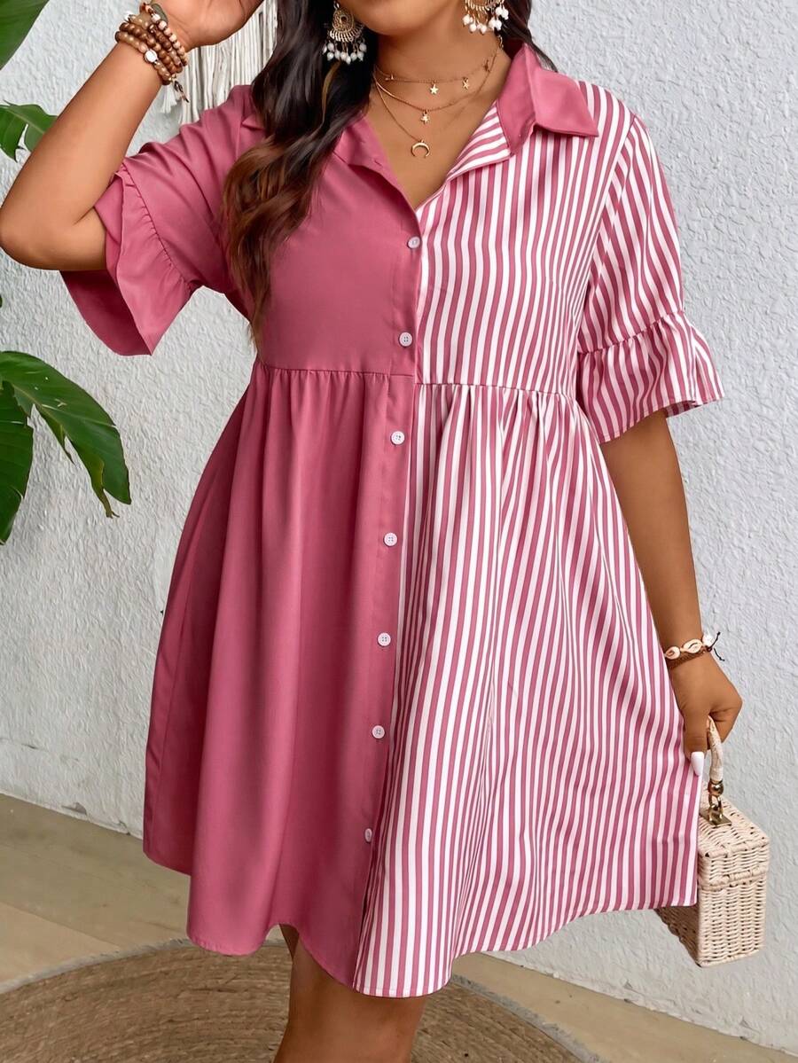 SHEIN Clasi Plus Size Solid Color Striped Patchwork Short Sleeve Shirt Dress - Red - View 1