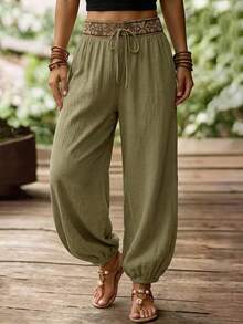 Louniche Quần ống côn dáng suông bằng vải cotton, phối eo, chất liệu mềm mại, thích hợp cho nữ mùa xuân/hè, phù hợp mặc hàng ngày và đi nghỉ mát. - xanh quân đội - Xem 4