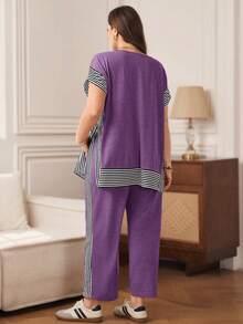 Rosumi Plus Size Striped Patchwork T-Shirt + Pants, White 2 Pieces Set Lounge Vacation Summer - Purple - View 3