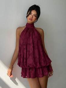 Vestido mini elegante de mujer con cuello halter y lazo en color amarillo claro - Beis - Ver 4