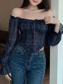 DAZY Spring & Summer Fashion Plaid Shirt, Elegant Off-Shoulder Blouse With Drawstring Tie For Valentine's Day, Wedding, Party, Commute - Navy Blue - View 9