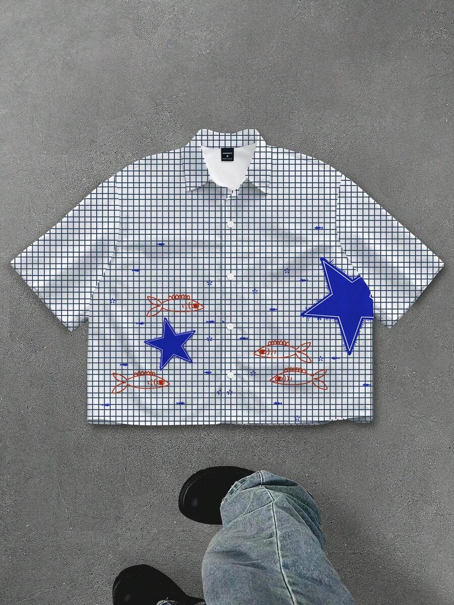 Lornexis Men's Blue & White Plaid, Star & Fish Print Short Sleeve Shirt, Summer Short Shirt - Multicolor - View 1