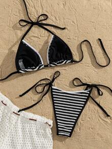 Bonvoyette Nuevo conjunto de bikini de verano de 2 piezas para mujer, de estilo elegante y vintage, con tela a rayas en blanco y negro, textura, adornos de encaje lujosos, tirantes ajustables, adecuado para vacaciones en la playa, fiestas en la piscina, festivales de música y resorts tropicales - Blanco y Negro - Ver 2