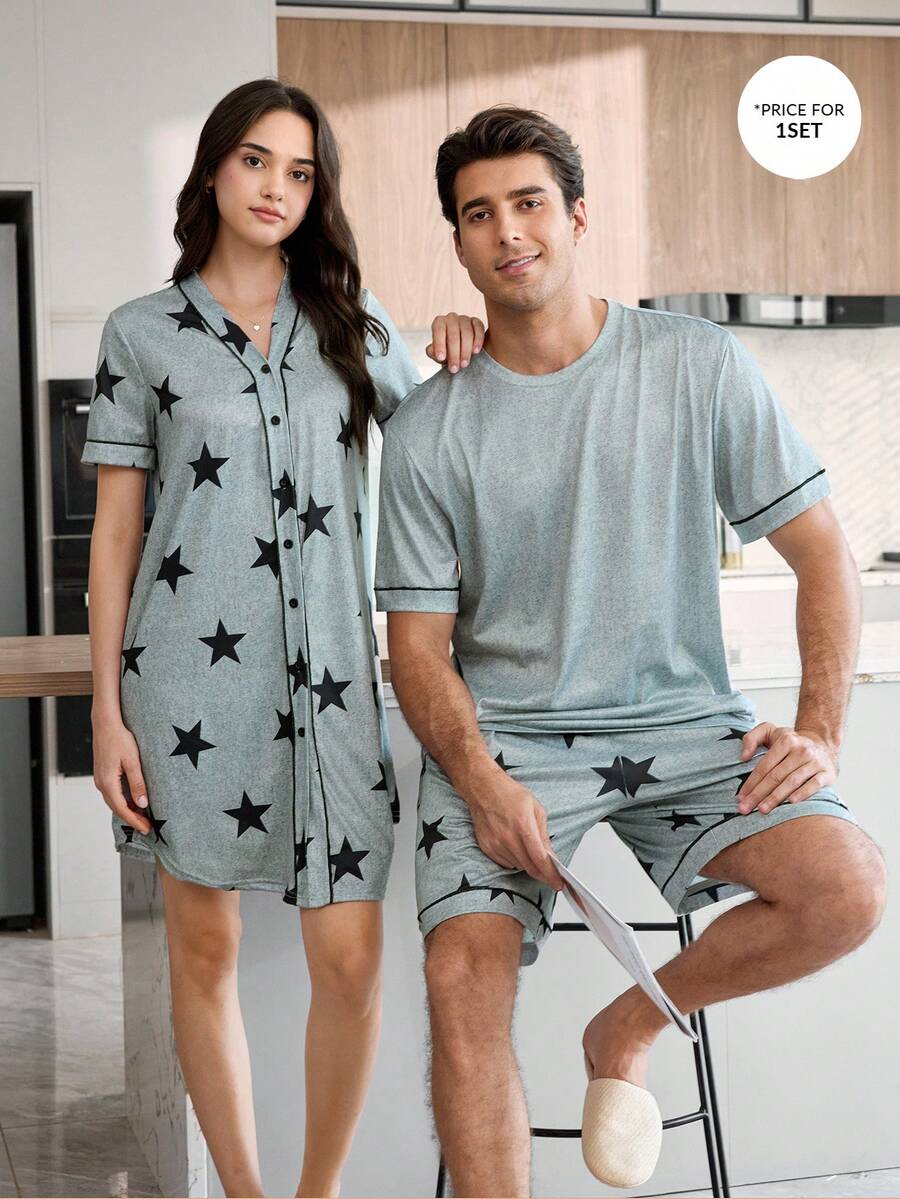 CoupledUp Conjunto de Pijama Masculino Casual com Estampa de Estrela, Manga Curta Solta e Shorts - Cinza - Visão 1