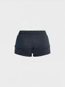 ROMWE Grunge Punk Shorts mini de tiro súper bajo con ojales metálicos y cordones en estilo retro Y2K desgastado - Gris Oscuro - Ver 2