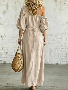 SHEIN Holidaya Women's Solid Color Oblique Pocket Off-Shoulder Casual Short Sleeve Dress - Khaki - View 2