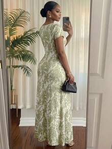 SHEIN Lady 夏季大码圆领短袖全印花优雅长裙 - 彩色 - 查看 6