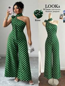 GlowEve CURVE Plus Size Women's Elegant Black & White Polka Dot Asymmetrical Shoulder Jumpsuit, Suitable For Commuting, Spring/Summer - Green - View 6