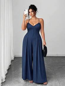 Elenzga Tuta elegante con stampa floreale e cintura regolabile per donne taglia forte, adatta per l'inizio della primavera - Blu Navy - Visualizzare 3