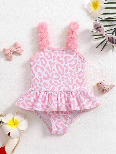 SHEIN Young Girl Floral Decor Leopard Print One-Piece Swimsuit