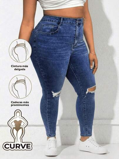 Pantalones Vaqueros Talla Grande Skinny para Mujer - Lavado Oscuro, Roturas y Rayas de Gato, Borde Deshilachado,​ Jeans ajustados elásticos con curvy