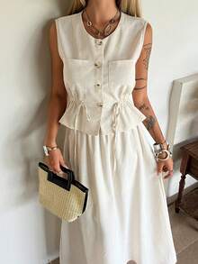 Livesso Women's Solid Color Single-Breasted Drawstring Waist Vest Shirt And Mini Skirt Casual 2-Piece Set, Spring/Summer - Khaki - View 3