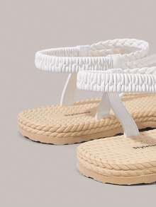 Styleloop Sandal đế bằng nữ dệt kim có khóa cài, màu đen, đế kiểu dây thừng, thiết kế xỏ ngón, kiểu buộc dây La Mã, mang đến không khí nghỉ lễ, phù hợp cho mùa hè, đồ dùng cần thiết khi đi du lịch. - trắng - Xem 5