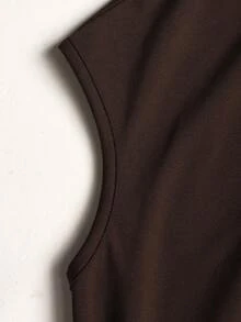 SHEIN Đầm ngắn không tay xếp ly màu nâu dệt kim trang trí khóa kim loại dành cho thiếu nữ - màu nâu - Xem 5