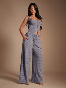 Radiana Women's Blue Striped Wide Leg Pants With Drawstring Waist And Side Pockets Casual And Comfortable Lounge Bottoms - Blue - View 2