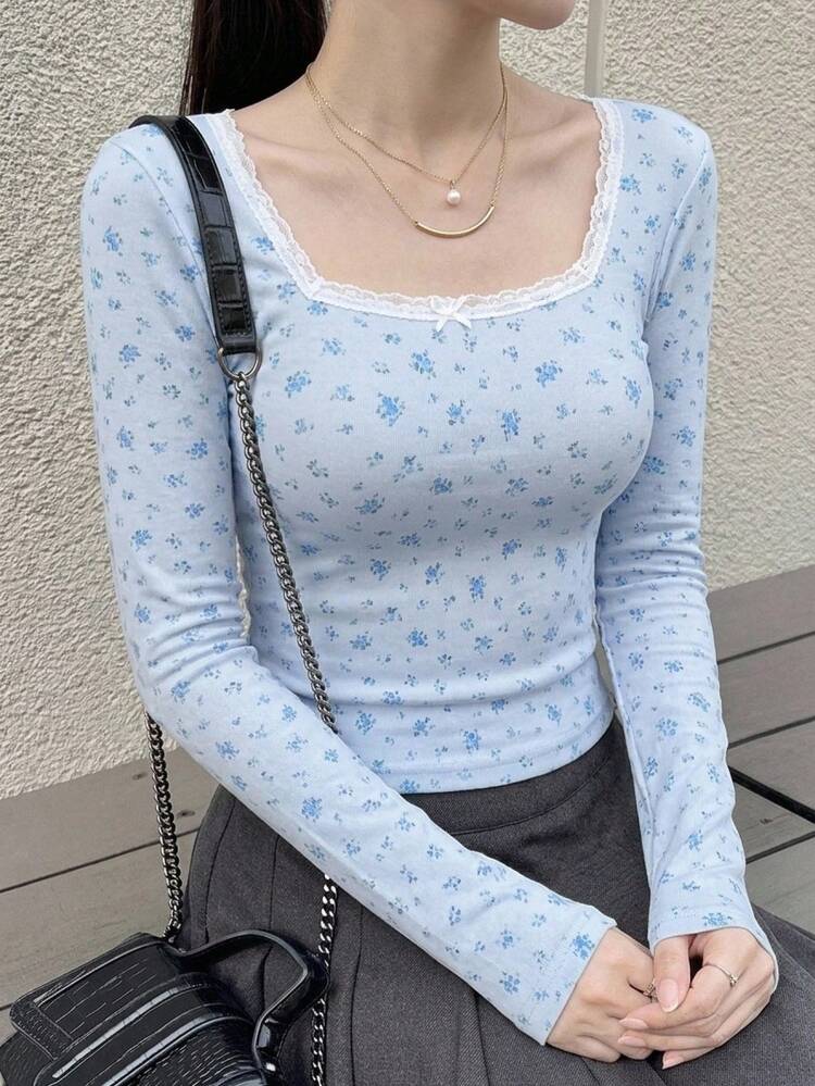Floral Contrast Lace Trim Fitted Long Sleeve Casual Vacation T-Shirt For Women, Summer