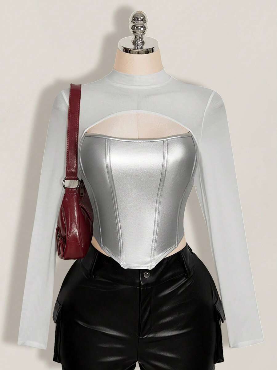 SHEIN ICON 女士加大码皮革撞色网眼黑色修身T恤,秋冬款 - 銀色 - 查看 1
