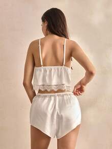 Charlaine Women's Solid Color Spaghetti Strap Lace Patchwork Bow Decor Sleeveless Pajama Set, Summer - White - View 3