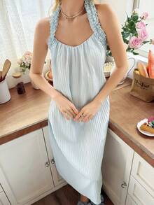 Snug Reverie Áo ngủ hở lưng xếp ly rộng, màu xanh nhạt lãng mạn dành cho phụ nữ - Màu xanh nhạt - Xem 5