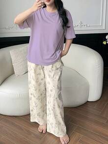 Dazy Plus 两件套春夏家居服套装，纯色宽松T恤上衣和花卉线条印花睡裤睡衣套装 - 紫色 - 查看 8