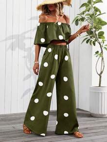 SHEIN PETITE 女款春夏新款露肩波點兩件套，休閒度假穿搭，適合嬌小女性 - 軍綠色 - 查看 5