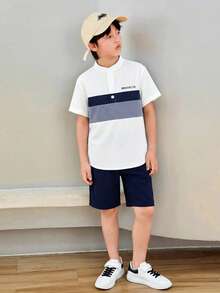 SHEIN Tween Boy Letter Graphic Colorblock Shirt & Shorts - Blue and White - View 3