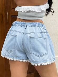 Rivivi Quần short denim không co giãn dành cho nữ cỡ lớn, denim xanh bạc màu với viền ren trắng, quần short denim cạp cao cho nữ cỡ lớn, hàng mới về mùa hè. - Rửa nhẹ - Xem 2