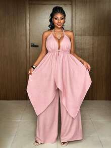 Maweii Plus Size Backless Tie-Up Asymmetric Hem Sexy 2 Pieces Set, Suitable For Dates & Vacations - Pink - View 3