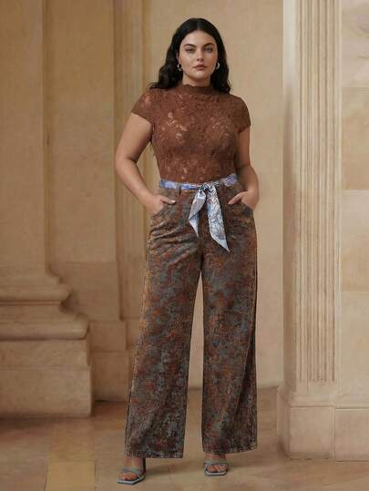 Anewsta Plus Size Women's Retro Jacquard High Waist Wide Leg Brown Denim Jeans, Spring/Summer