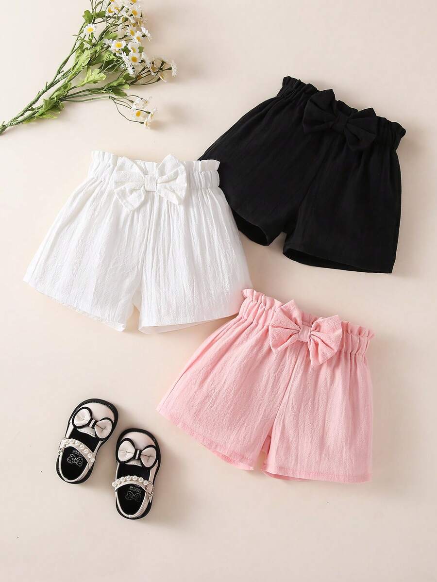 SHEIN Vintaside Kids 3件組女嬰幼兒可愛夏季短褲 波西米亞風蝴蝶結前打結 寬腿鬆身燈籠褲 嬰兒女童 桃紅、白色與黑色 生日派對穿搭 - 彩色 - 查看 1