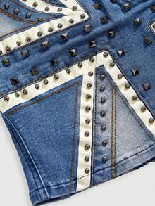 ROMWE Grunge Punk Y2K Retro Sexy Union Jack Metal Rivet Cropped Denim Top - Blue - View 3