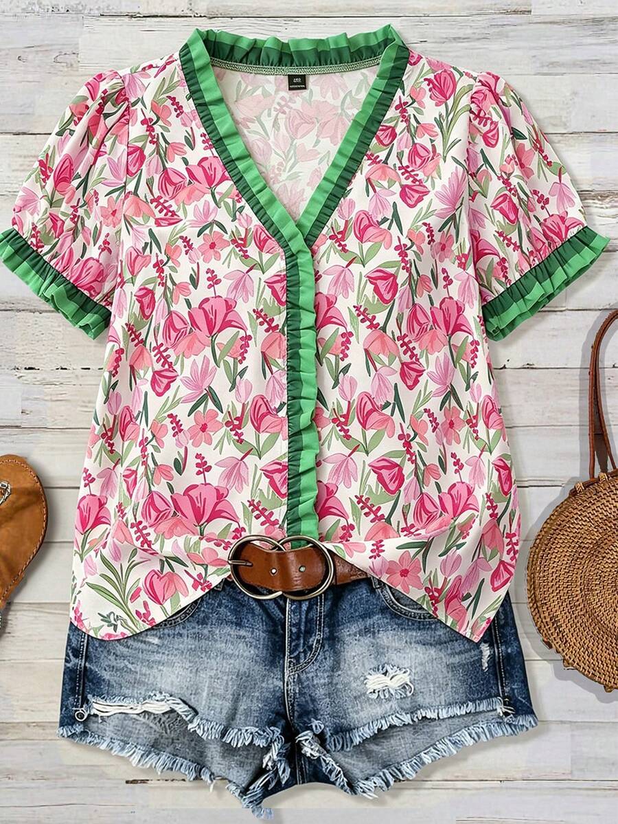 Linhara Plus Size Women's Woven Romantic Floral Print V-Neck Contrast Striped Ruffle Hem Lantern Sleeve Loose Casual Summer Blouse - Multicolor - View 1