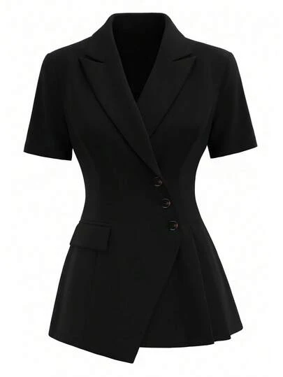 GlowEve CURVE Plus Size Women's Spring/Summer Solid Color Fashionable Asymmetric Short Sleeve Blazer Jacket, Waist Cinched A-Line Design, Regular Shoulder, Suitable For Work, Business, And Daily Wear
