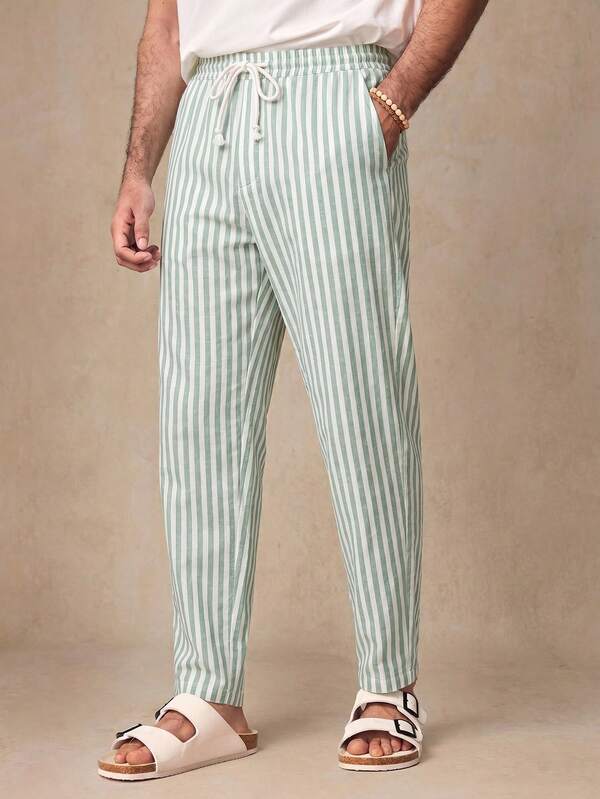 HIMLAND Pantalones casuales de hombre con cordón de cintura media y rayas verticales tejidas