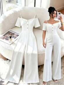 Qadelle French Sweet Off-White Off-The-Shoulder Jumpsuit, Ribbed Knit Twist Design Wide Leg Romper - White - View 3