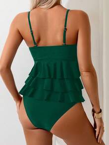 Swim Basics 新品性感優雅女款坦基尼泳衣套裝，多層荷葉邊飾邊黑色純色面料，可拆卸肩帶，掛脖開衩坦基尼泳衣套裝，適合海灘、度假、游泳 - 綠色 - 查看 2