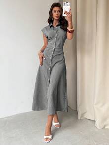 Firerie Đầm midi nữ tay phồng kẻ sọc xanh trắng dáng chữ A, đầm thắt eo, đầm sơ mi thường ngày, đầm cổ bẻ thường ngày, chân váy midi kẻ sọc thắt eo, thích hợp cho mùa xuân, hè, thu, thanh lịch, công sở, hẹn hò, văn phòng, tựu trường, ngày Nhà giáo, các dịp trang trọng, đầm công sở thường ngày, đầm tối giản. - Đen và trắng - Xem 7