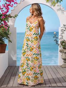 Vivid Eden Women's Backless Fruit Plaid Print Maxi Dress,Multicolor,Summer,Boho,Beach Vacation,Holiday,Holiday Spaghetti Strap Crisscross Back Slit Outfits - Yellow - View 5