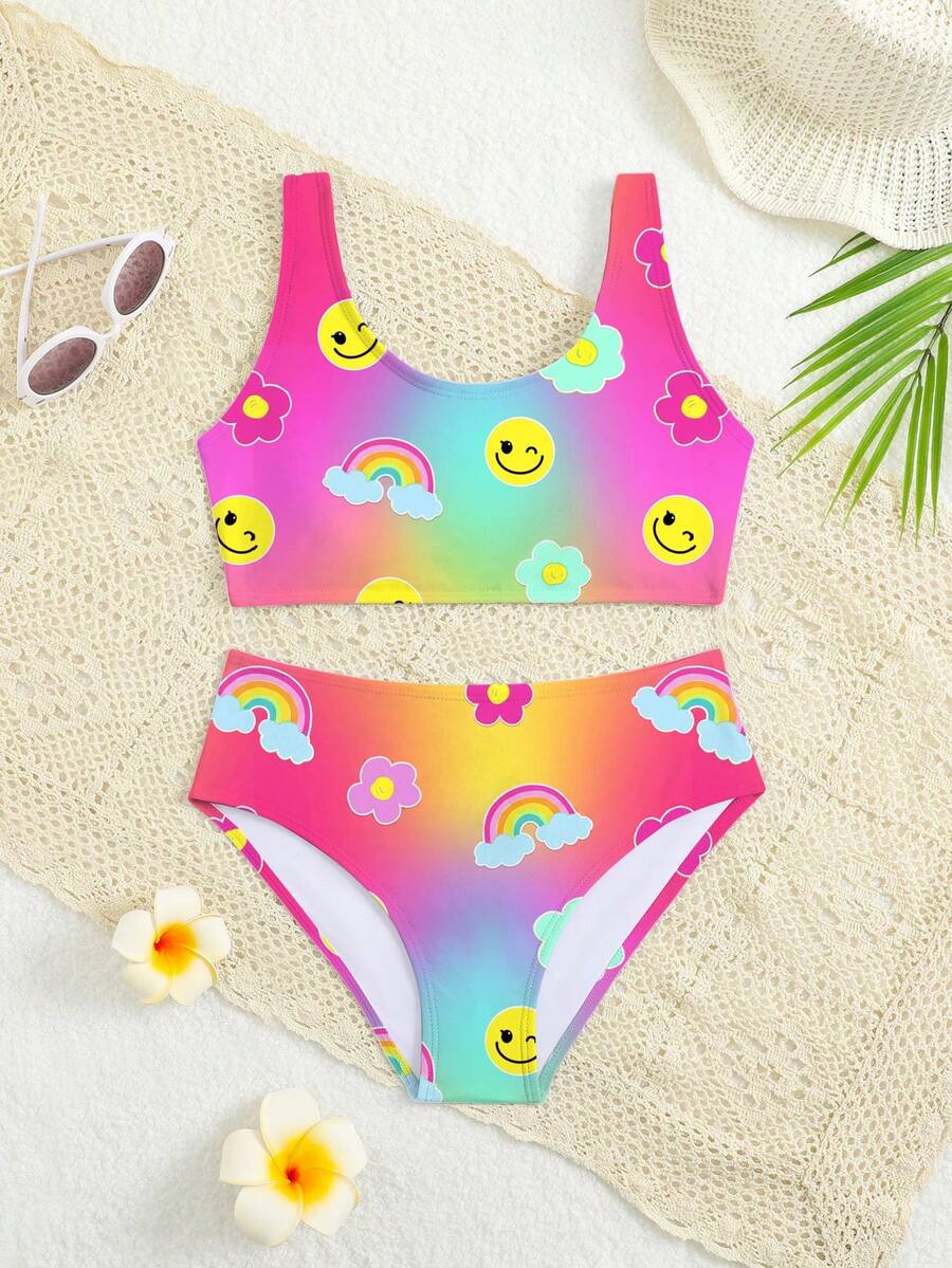 SHEIN Set Baju Renang Anak Perempuan Remaja dengan Motif Wajah Tersenyum Warna-warni, Cocok untuk Pantai, Pasir, Rekreasi, Liburan, Perjalanan, Musim Panas