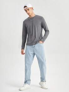 SWAVVY Men's Casual Solid Color Long Sleeve T-Shirt, Minimalist Versatile For Daily Wear, Spring/Autumn - Dark Grey - View 3