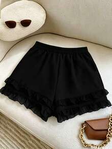 GlowEve CURVE Plus Size Elegant Faux Pearl Beaded Ruffle Hem Shorts, Summer - Black - View 2