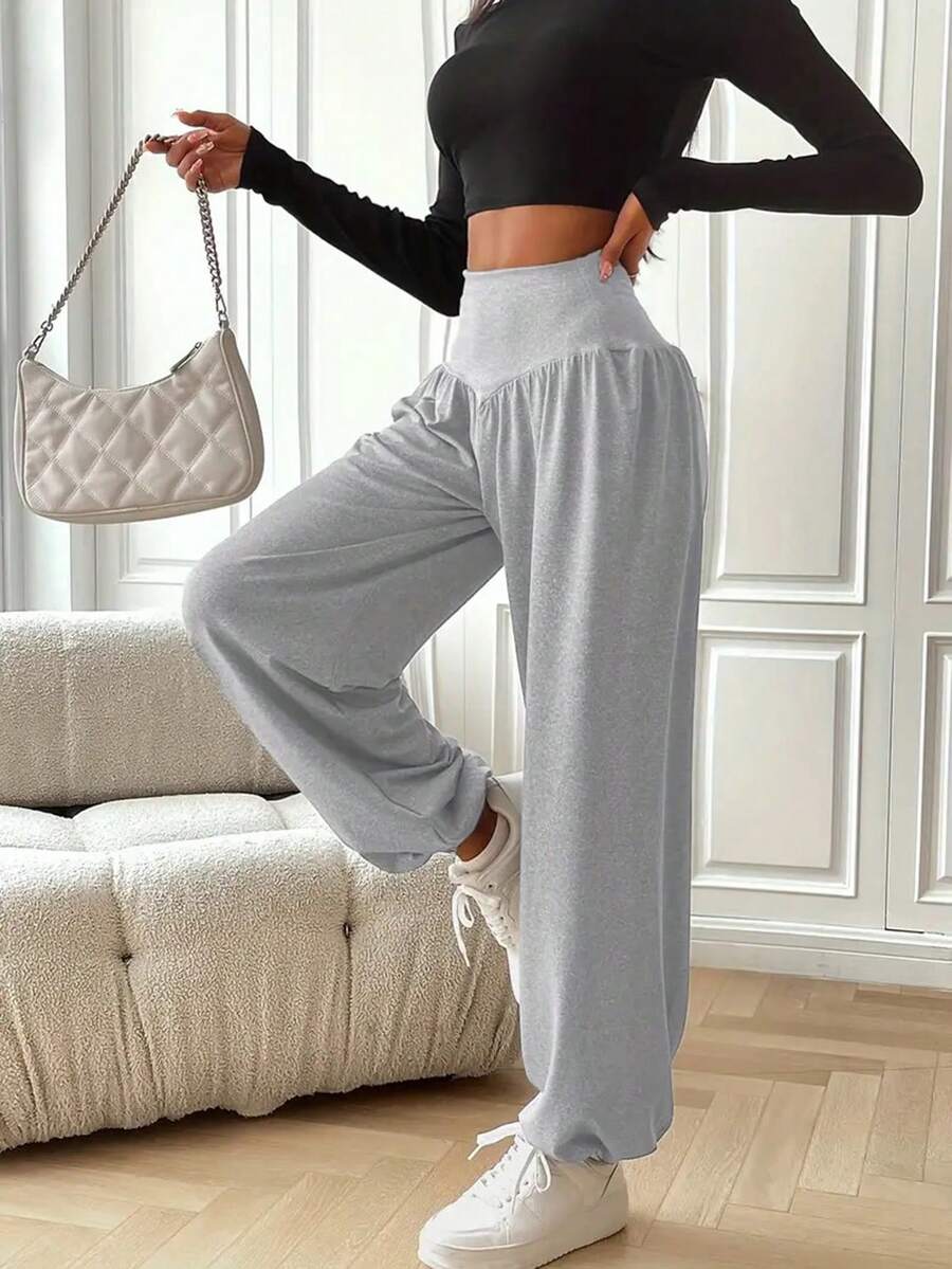 SHEIN LUNE 女性實色寬鬆腰帶運動褲 - 灰色 - 查看 1