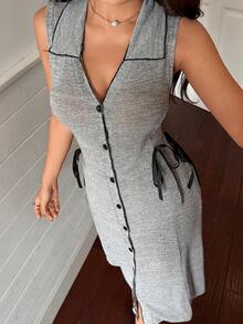 Lazeform Vestido de casa de mujer con cuello de solapa, abotonadura sencilla, sin mangas y decoración de corbata de moño en color gris - Gris - Ver 3