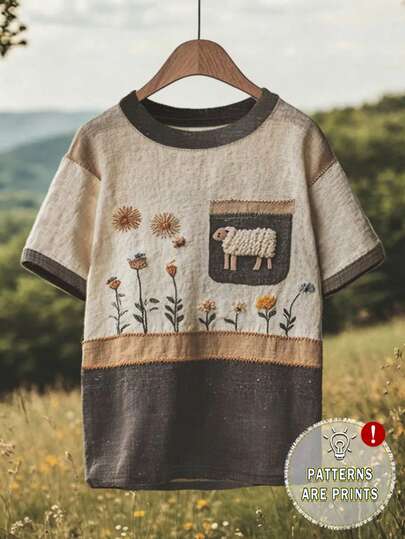 EMERY ROSE Vintage Blumen- & Schaf-Muster T-Shirt in Große Größen, lässig-eleganter Sommerlook für Outdoor, grafisches Design, vielseitig für Alltag und Reisen
