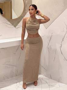 Slaydiva Women's Backless Halter Top And Skirt 2 Pieces Set - Khaki - View 6