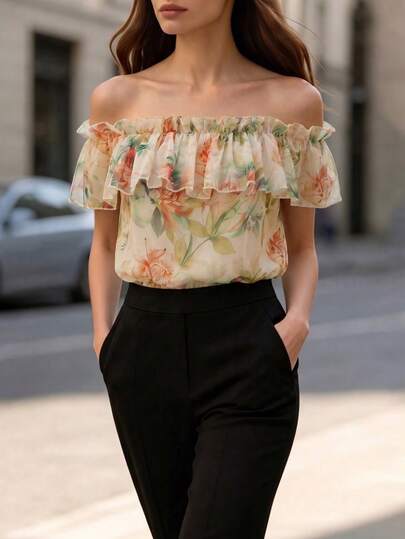 SHEIN Women's Summer Floral Print Off-Shoulder Sleeveless Ruffled Elastic Hem T-Shirt, Casual Loose Elegant Blouse For Daily, Commuting, Party, Office Wear